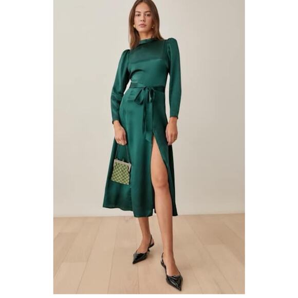 Reformation Julius Dress Silk Emerald Green Midi 4 Forest - Picture 3 of 7